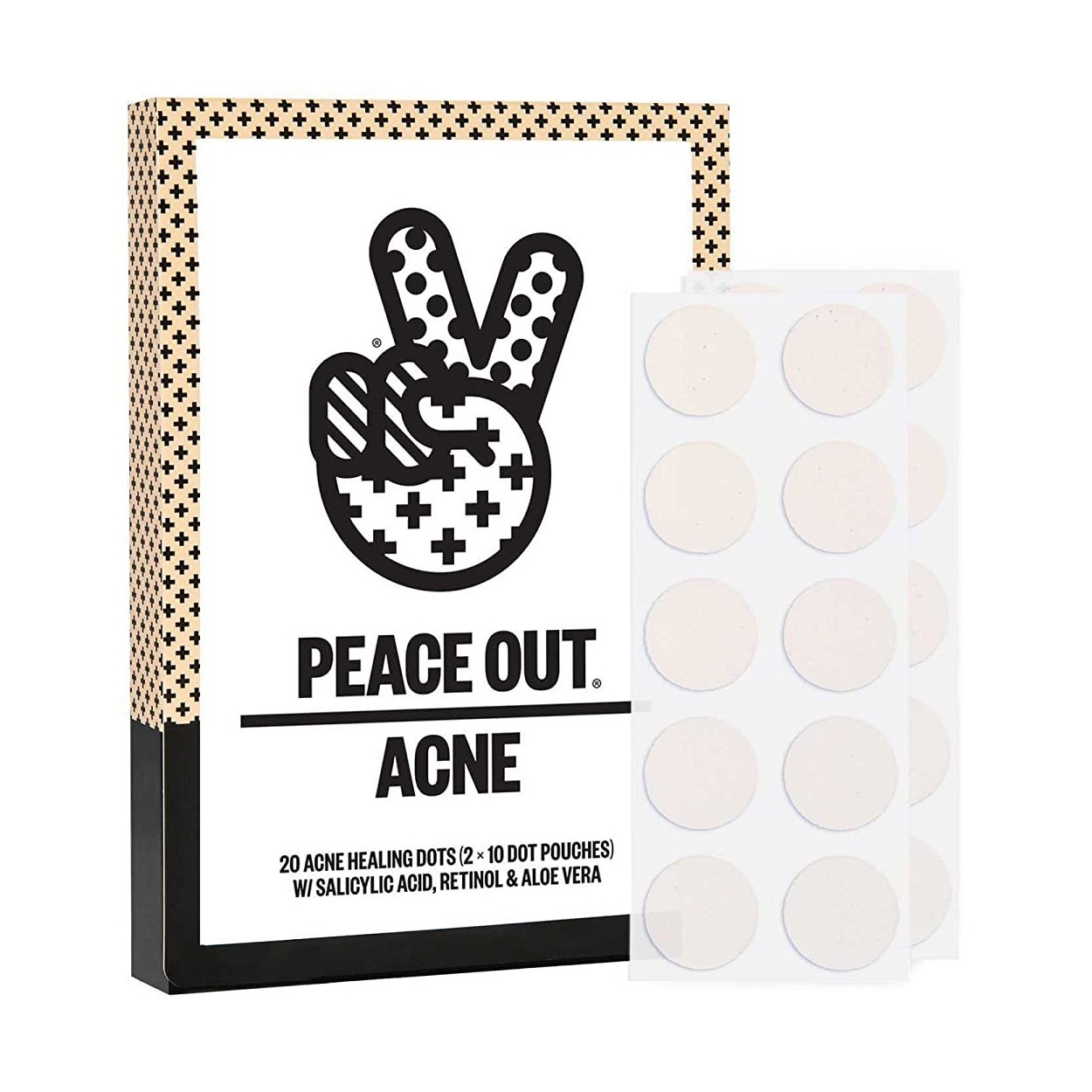 Peace Out Akne Dots Schachtel mit Pickelflecken mit Peace-Zeichen-Illustration auf weißem Hintergrund