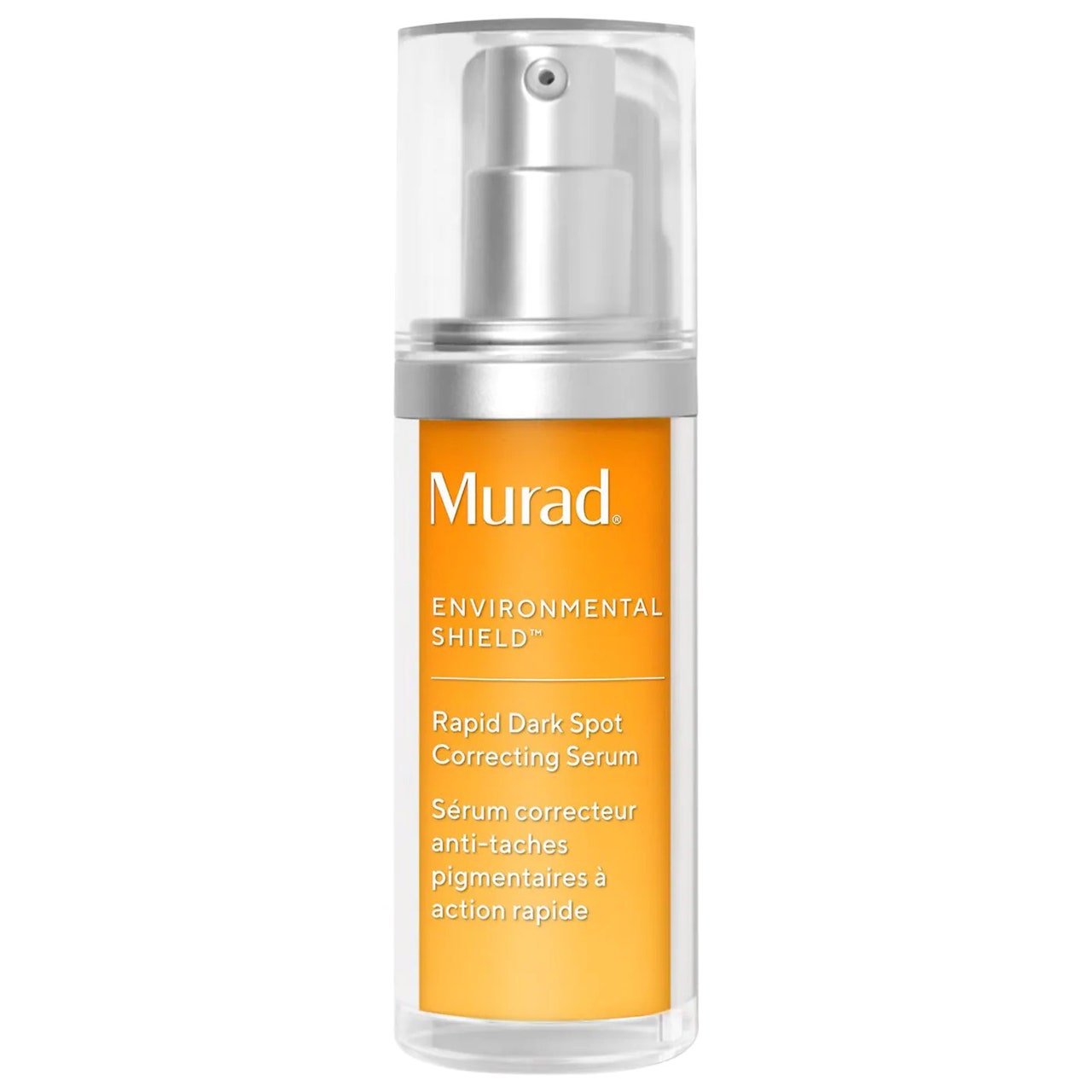 Murad Rapid Age Spot and Pigment Lightening Serum orangefarbene Flasche mit silberner Pumpe und durchsichtiger Kappe auf weißem Hintergrund