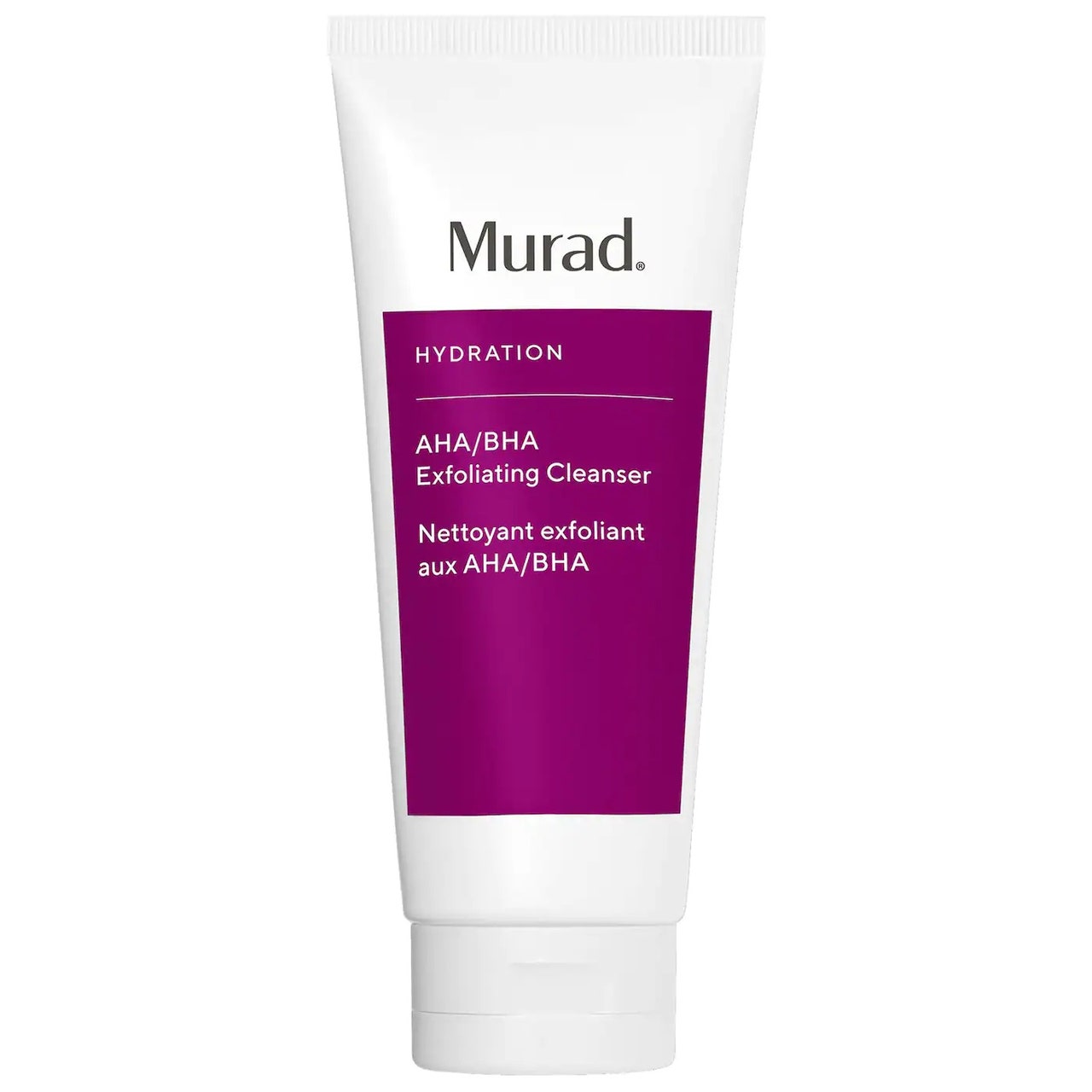 Murad AHA/BHA Exfoliating Cleanser, weiße Tube mit violettem Etikett auf weißem Hintergrund