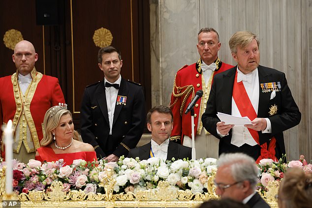 King Willem-Alexander address his and his Queen's guests, with the French president listening with interest