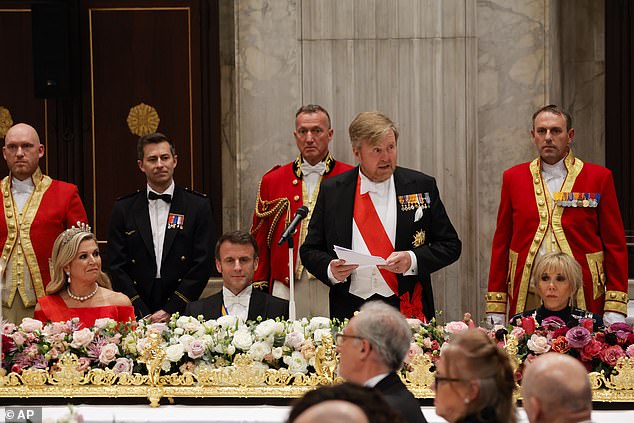 Máxima and Macron smiled while Willem-Alexander delivered his speech during tonight's glitzy dinner