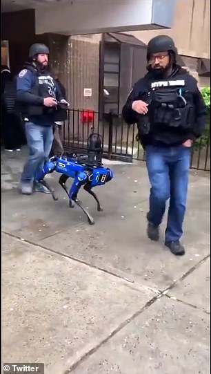 Der Roboterhund wurde 2021 von der NYPD getestet. Er tauchte im Februar (im Bild) an Tatorten auf, als zwei Männer in einer Wohnung in der Bronx als Geiseln gehalten wurden