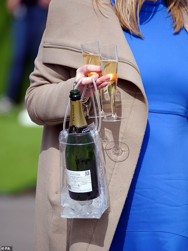 The attendee, who accessorised her dress in a camel coat, carried her bottle of Pannier champagne in an ice bag