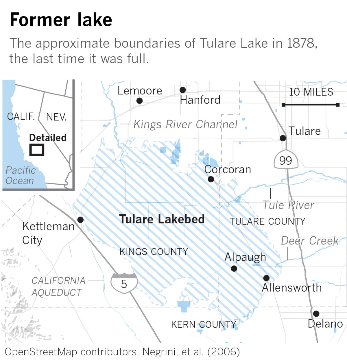 Ungefähre Grenzen des Tulare Lake, zwischen der Interstate 5 und dem Highway 99 im südlichen San Joaquin Valley.
