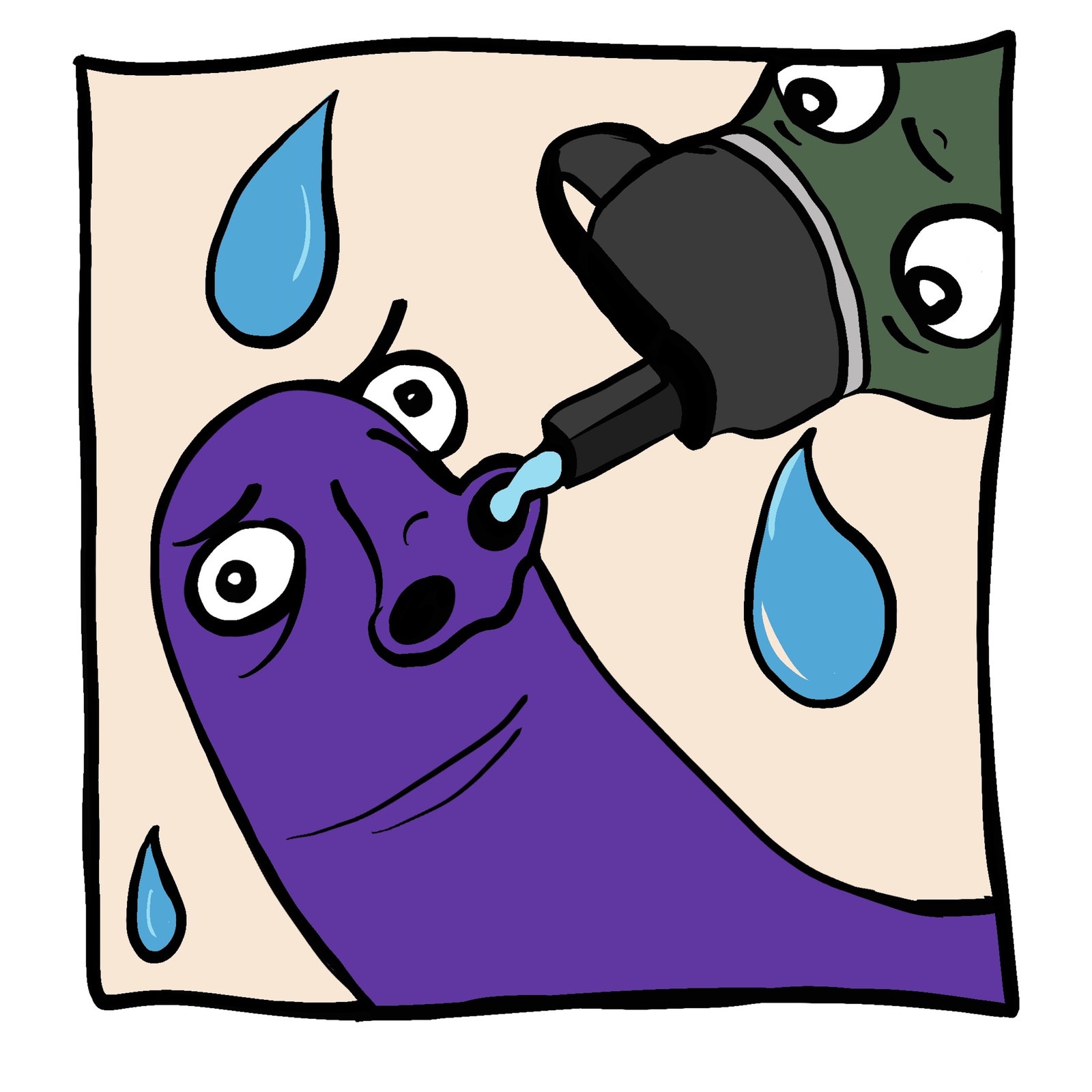 Wasserflasche, die in das Nasenloch eines violetten Daumens strömt.