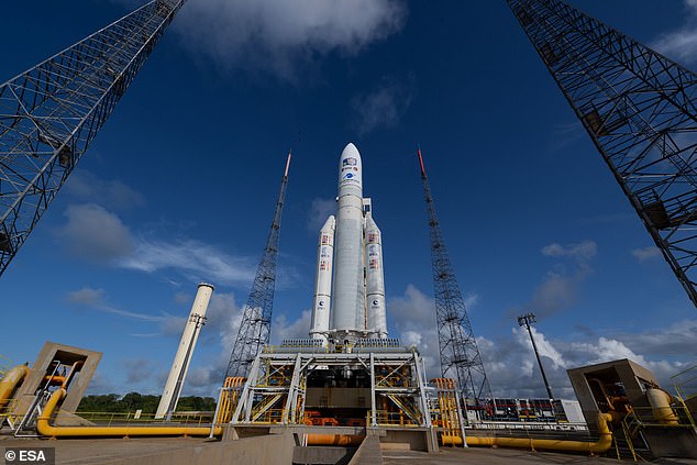 Halted: It was due to lift off from the Kourou spaceport in French Guiana at 13:15 BST today