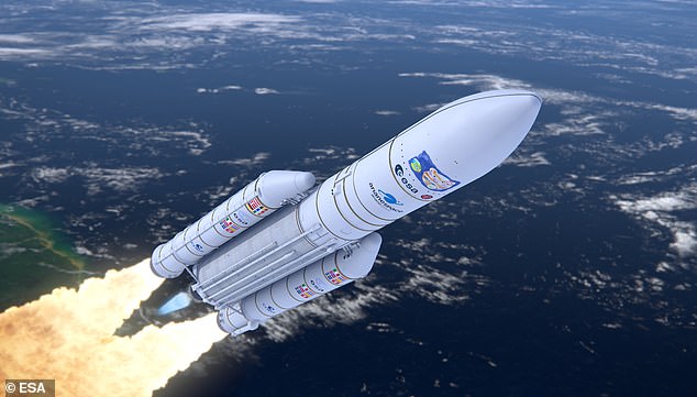 Hitching a ride: When it does finally launch, Juice will piggyback on an Ariane 5 rocket similar to the one that propelled the James Webb Space Telescope into orbit in December 2021