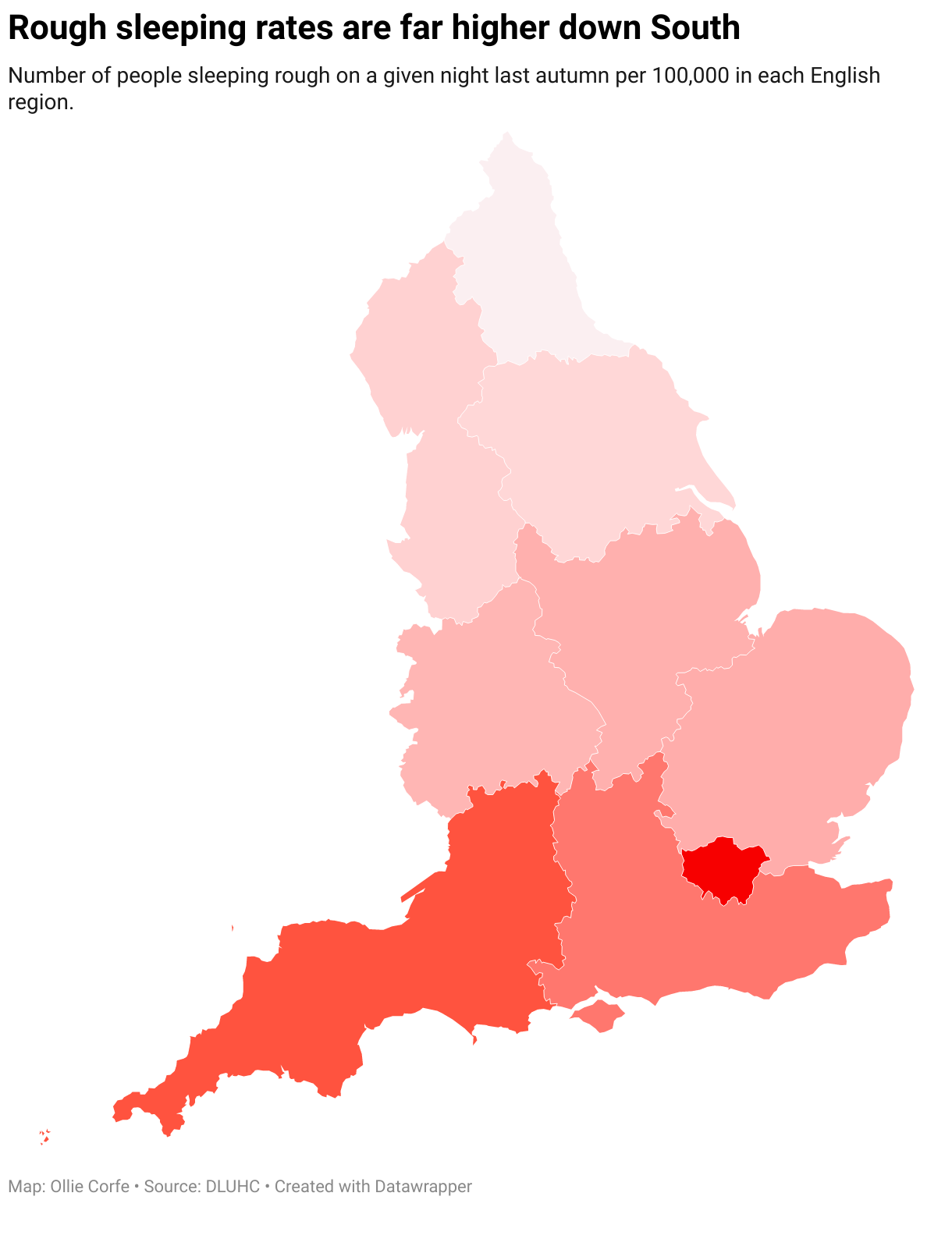 Karte der englischen Regionen nach Obdachlosenquoten.
