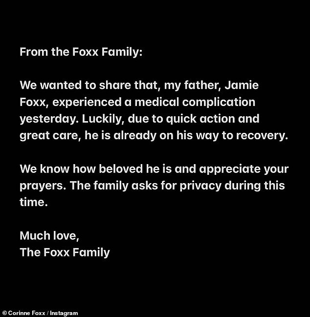 Grave: Die 29-jährige Schauspielerin schrieb: „Wir wollten das teilen, mein Vater, Jamie Foxx, hatte gestern eine medizinische Komplikation.“