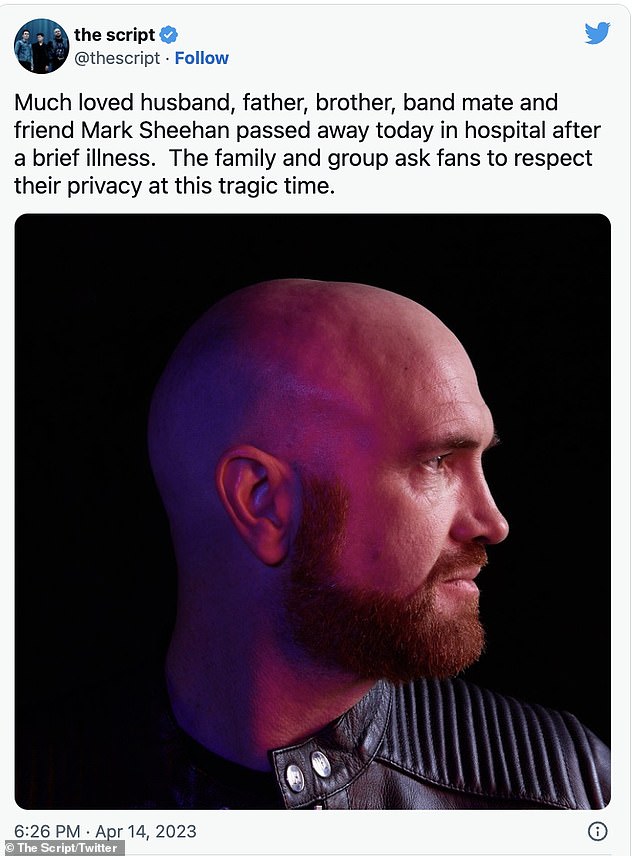 RIP: In ihrer Erklärung heißt es: „Der sehr geliebte Ehemann, Vater, Bruder, Bandkollege und Freund Mark Sheehan ist heute nach kurzer Krankheit im Krankenhaus verstorben.“