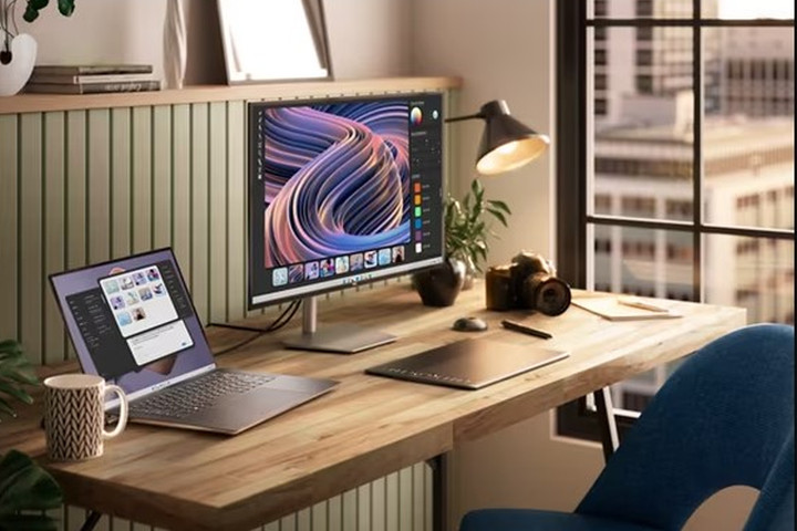 Ein Dell XPS 15-Laptop auf einem Bürotisch neben einem Monitor.