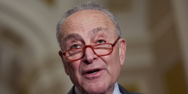 WASHINGTON, DC – 28. MÄRZ: Der Mehrheitsführer des US-Senats, Charles Schumer (D-NY), spricht nach einem Mittagessen der Demokraten im US-Kapitol am 28. März 2023