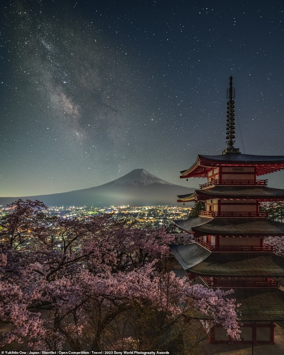This mesmerising picture shows the Milky Way framing Chureito Pagoda, a pagoda that overlooks the Japanese city of Fujiyoshida and faces Mount Fuji. Photographer Yukihito Ono notes that the cherry blossoms were in full bloom when the picture was taken, adding: 'It is rare that full bloom cherry blossoms, a new moon and clear skies coincide.' The image was shortlisted in the 'Travel' category of the Open Competition