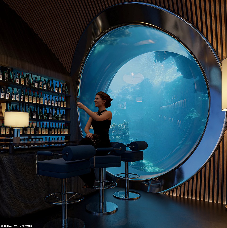 Hier abgebildet ist die Bar, die laut U-Boat Worx „elegantes Dekor und bequeme Sitzgelegenheiten“ hat.