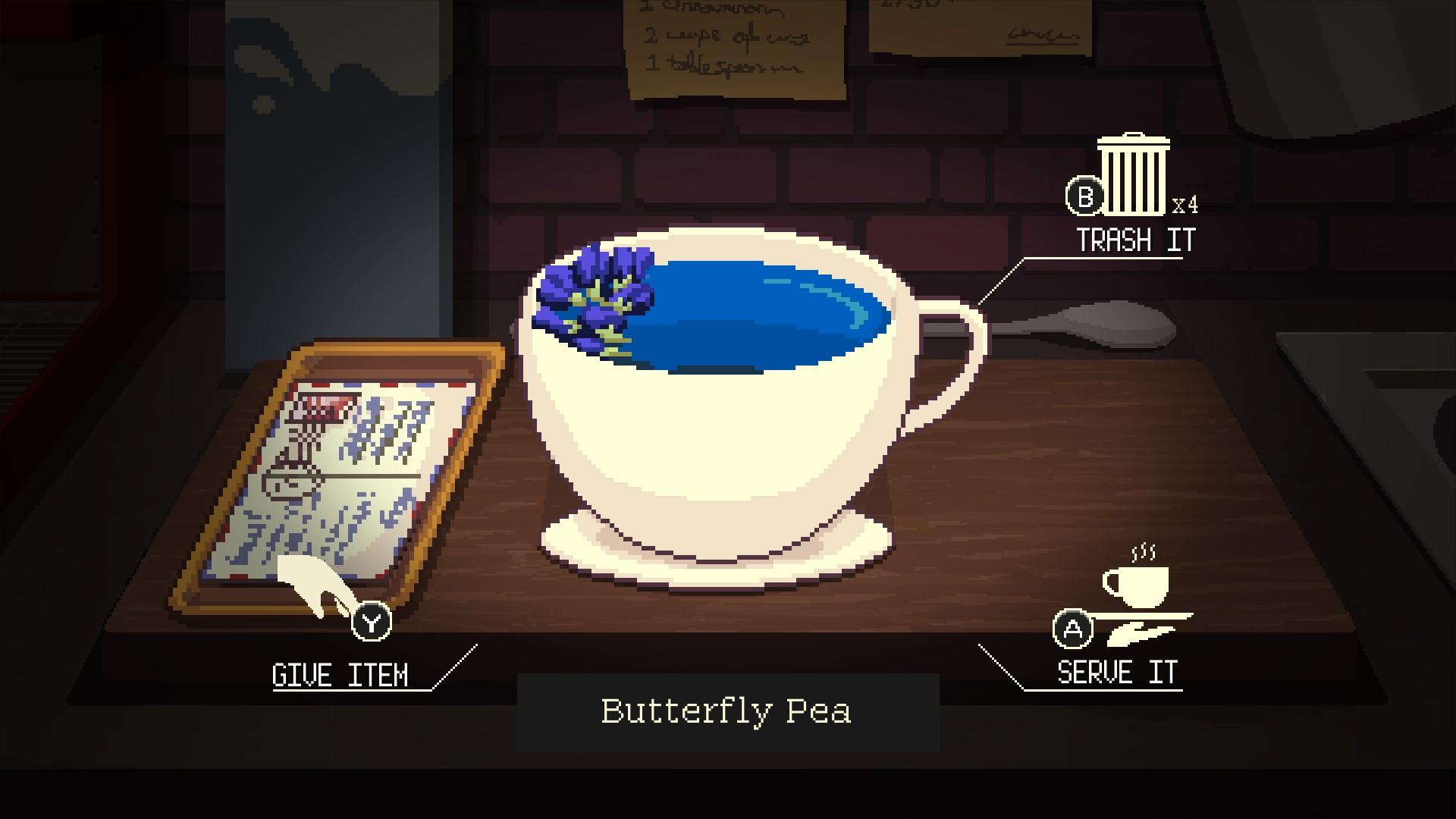 'Coffee Talk Episode 2: Hibiscus & Butterfly' Ein Schmetterlings-Erbsen-Tee, der für einen Kunden im Laden zubereitet wurde.