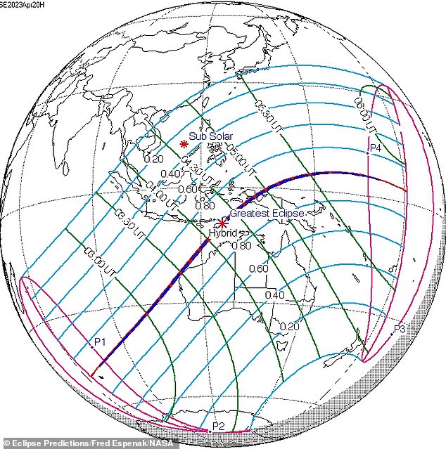 Das durch die blauen Linien auf dieser Karte angezeigte Gebiet ist das Gesamtgebiet, das am Donnerstag vom Schatten des Mondes durchquert wird.  Die violette Linie in der Mitte markiert den „Pfad der Totalität“