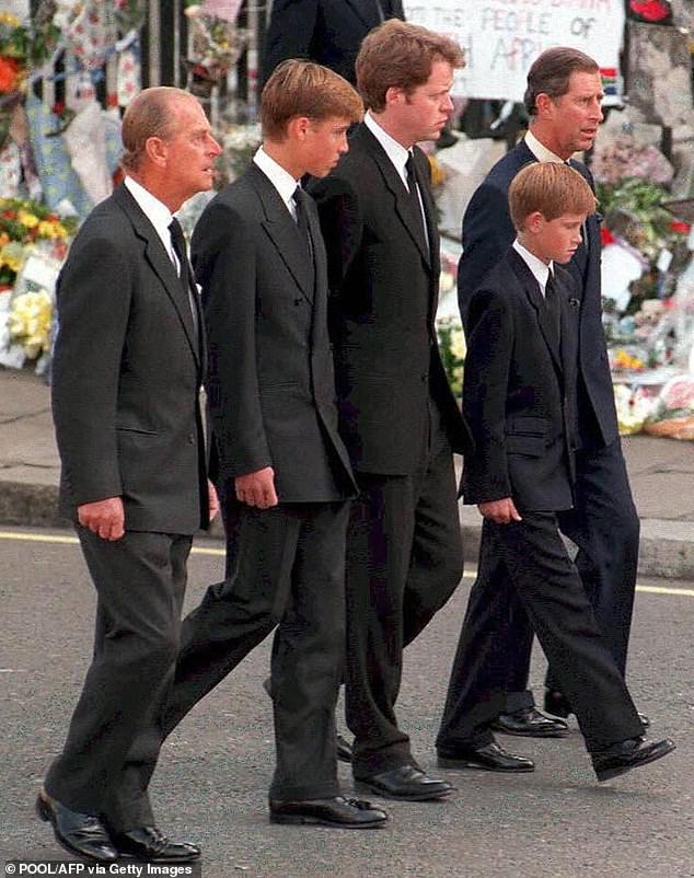 The Duke of Edinburgh, Prince William, Earl Spencer, Prince Harry and the Prince of Wales follow the coffin of Diana, Princess of Wales, to Westminster Abbey on September 6, 1997
