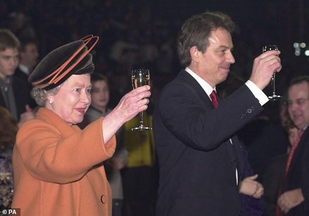 The episode also revealed how former Prime Minister Tony Blair feared the late Queen would be killed by an acrobat at the Millennium party he had invited her to. Queen Elizabeth II and British Prime Minister Tony Blair are pictuted raising their glasses as midnight strikes in 2000
