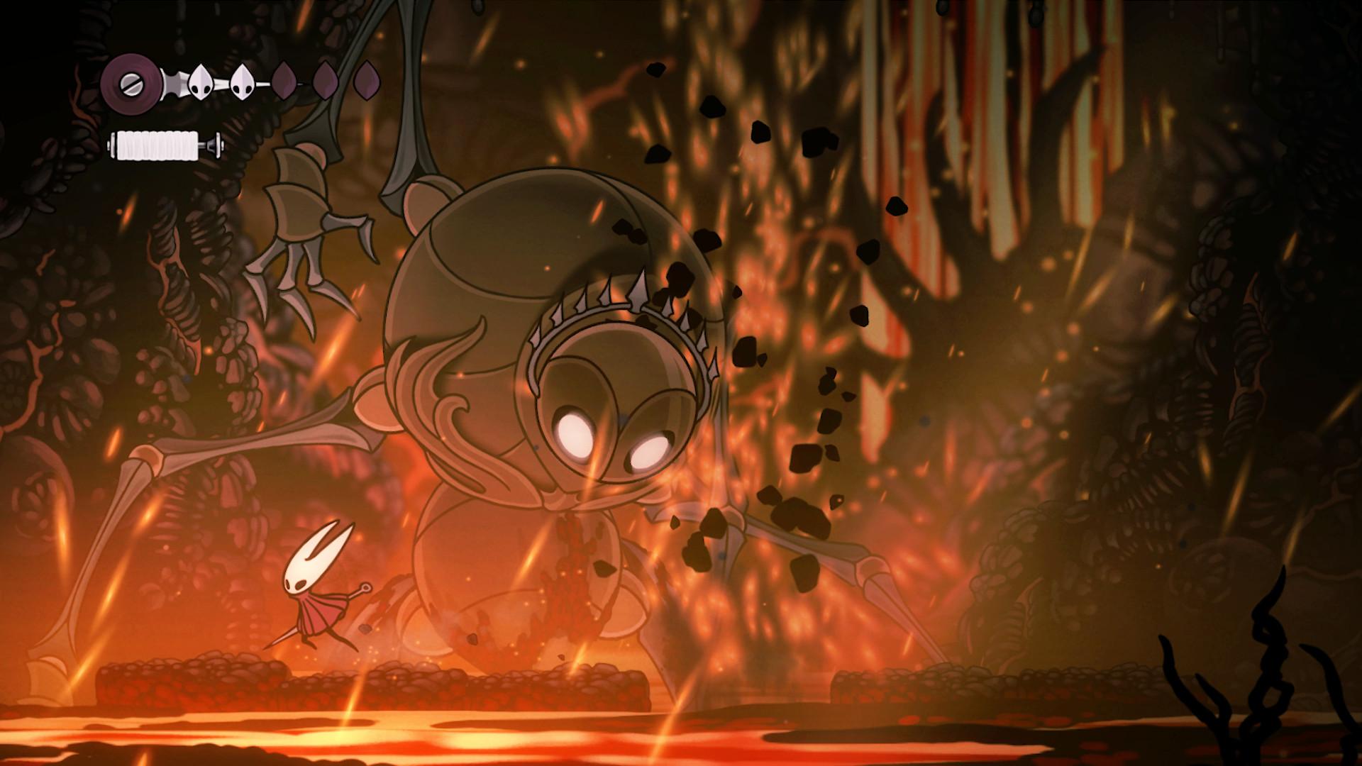 'Hollow Knight: Silksong' Hornet tritt in einer lavaähnlichen Arena gegen einen Käferboss mit leuchtenden Augen an