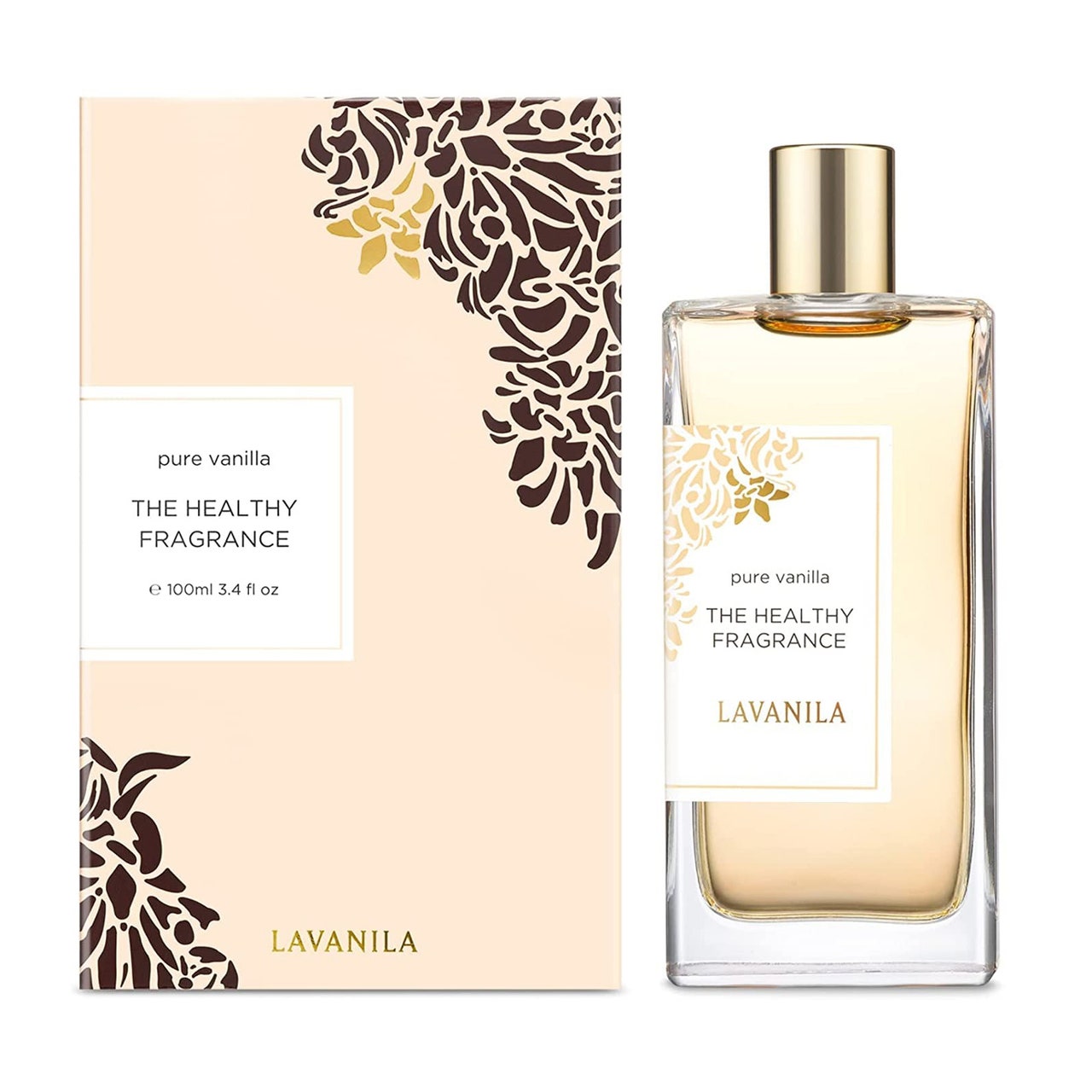 Lavanila The Healthy Fragrance Pure Vanilla rechteckige Flasche mit blassgelbem Parfüm mit goldener Kappe und blassgelber Schachtel auf weißem Hintergrund