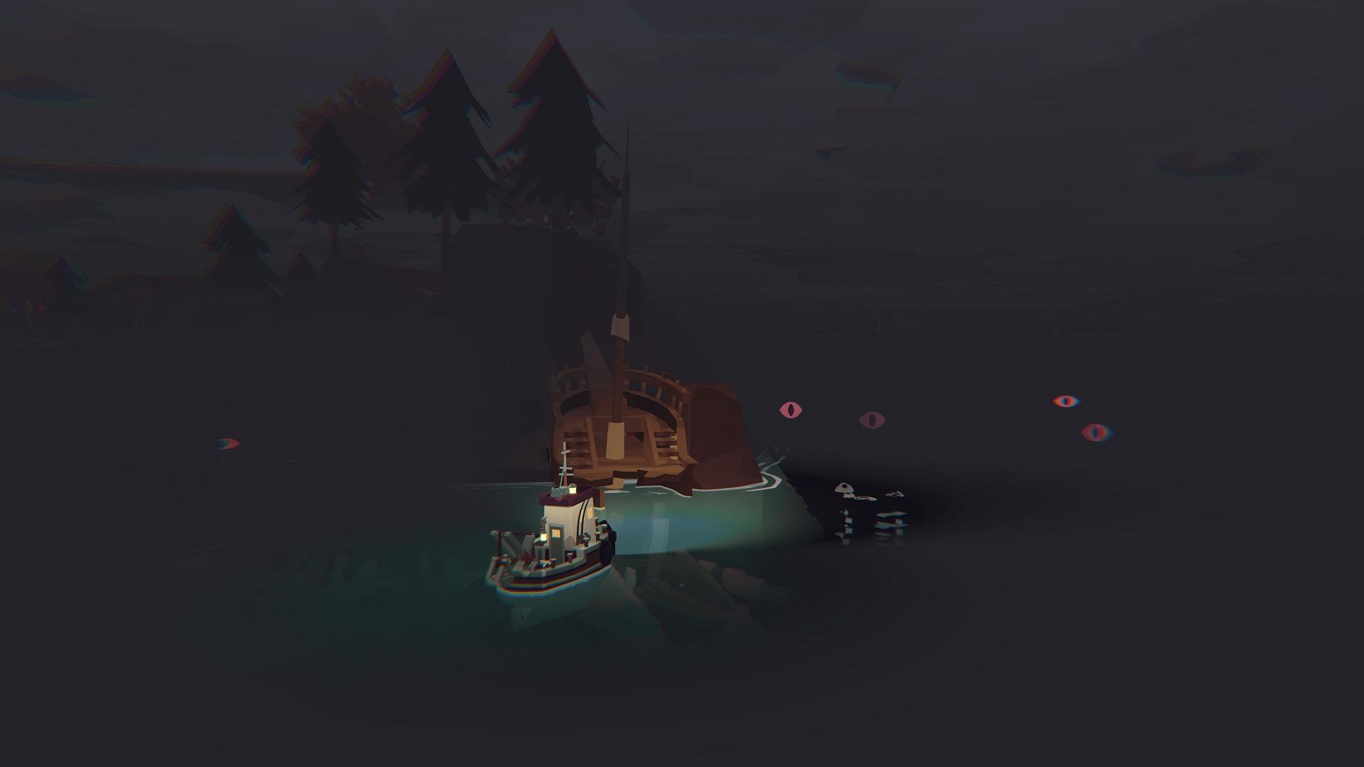 'Dredge' Ein von roten Augen umgebenes Boot in der Nähe eines Schiffswracks bei Nacht.