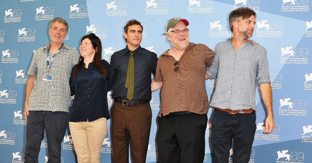 Daniel Lupi, JoAnne Sellar, Joaquin Phoenix, Philip Seymour Hoffman und Paul Thomas Anderson bei den Internationalen Filmfestspielen von Venedig 2012.