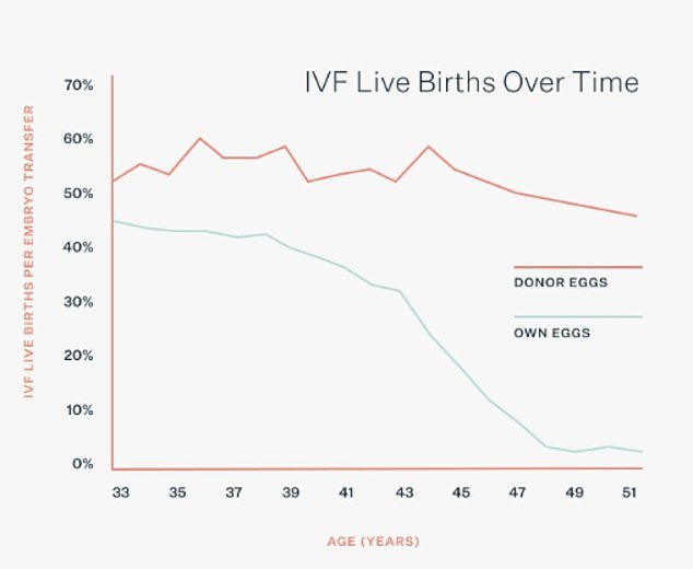 Die Grafik, die von der London Egg Bank stammt und nicht mit der neuen Studie verbunden ist, zeigt die Anzahl der IVF-Lebendgeburten pro Embryotransfer nach Altersgruppe.  Es zeigt, dass die Erfolgsraten bei denjenigen, die ihre eigenen Eizellen verwenden, nach dem 40. Lebensjahr sinken und bei denjenigen, die Spendereizellen verwenden, langsamer sinken
