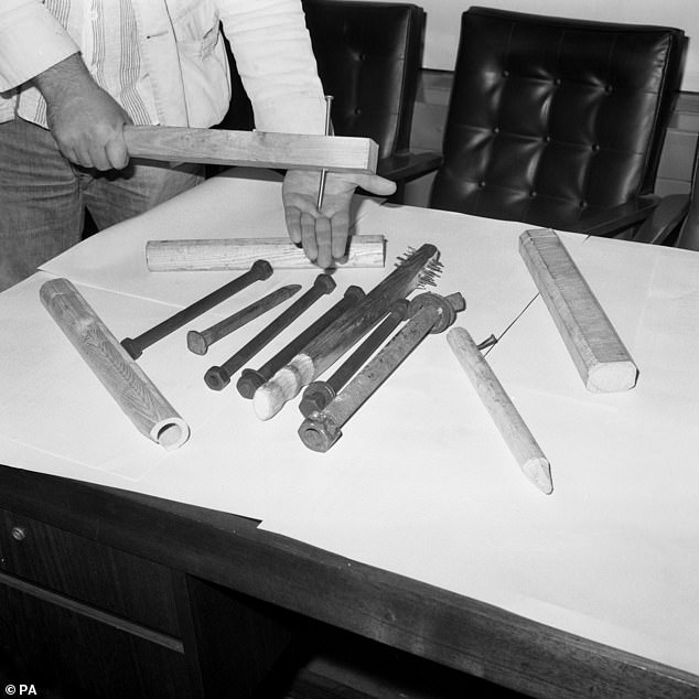 Hooligans would often come 'tooled up' - armed with weapons - to clashes. Pictured is a haul of some of the weapons seized by Scotland Yard during a clash between West Ham and Millwall in 1978 at Upton Park which saw 70 people arrested and six police officers hurt