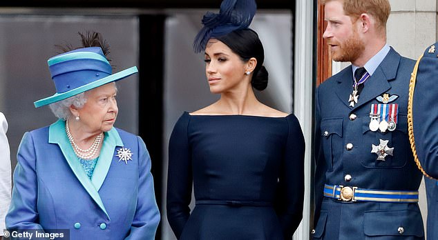This is a woman (pictured with Queen Elizabeth and Prince Harry) who takes ‘bite the hand that feeds you’ to new lows.