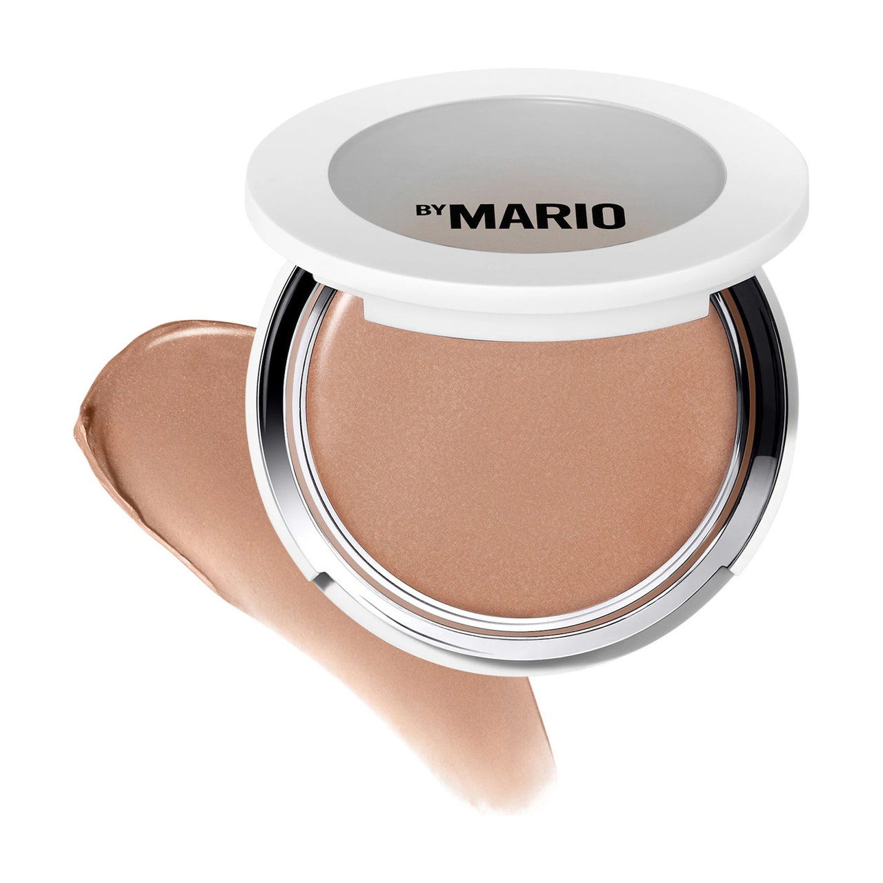 Make-up von Mario SoftSculpt Transforming Skin Enhancer in Light Medium, rund, Silber und Weiß, Bronzer mit Muster auf weißem Hintergrund