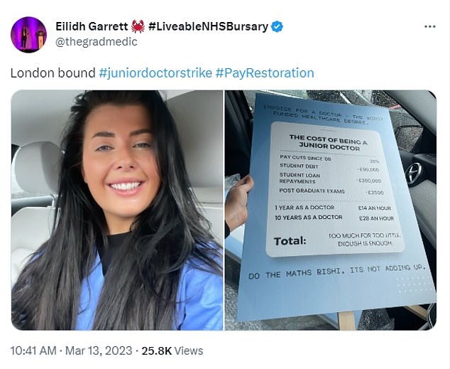 Miss Garrett even joined thousands of young medics on the picket line during their previous walkout in March, which led to 175,000 ops and appointments being cancelled