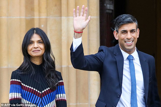 The Prime Minister's mother-in-law, Sudha Murty, 72, revealed her family have long observed a fast every Thursday. Pictured above, Mr Sunak with his wife Akshata Murty in Belfast on April 19, to mark the 25th anniversary of the Good Friday Agreement