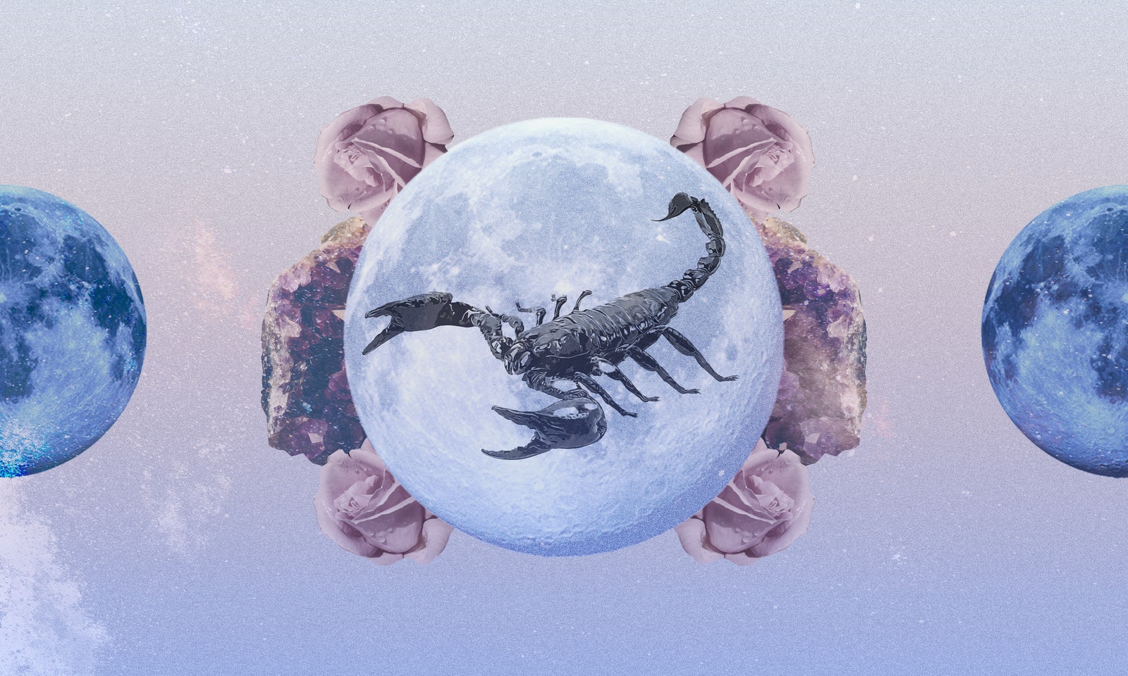 Collagenbild mit dem Skorpion des Sternzeichens Skorpion vor Edelsteinen und Monden