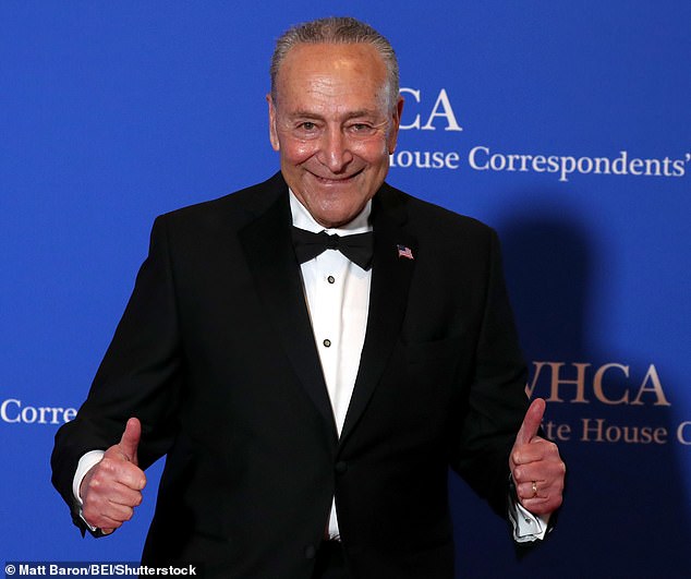 Schumer was among several who arrived early for the anticipated event - where the president is poised to speak - and is seen offering two thumbs up to the cameras after posing with Fox