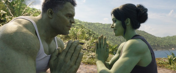 Bruce Banner and Jennifer Walters, Hulk and She-Hulk, meditate while facing each other.