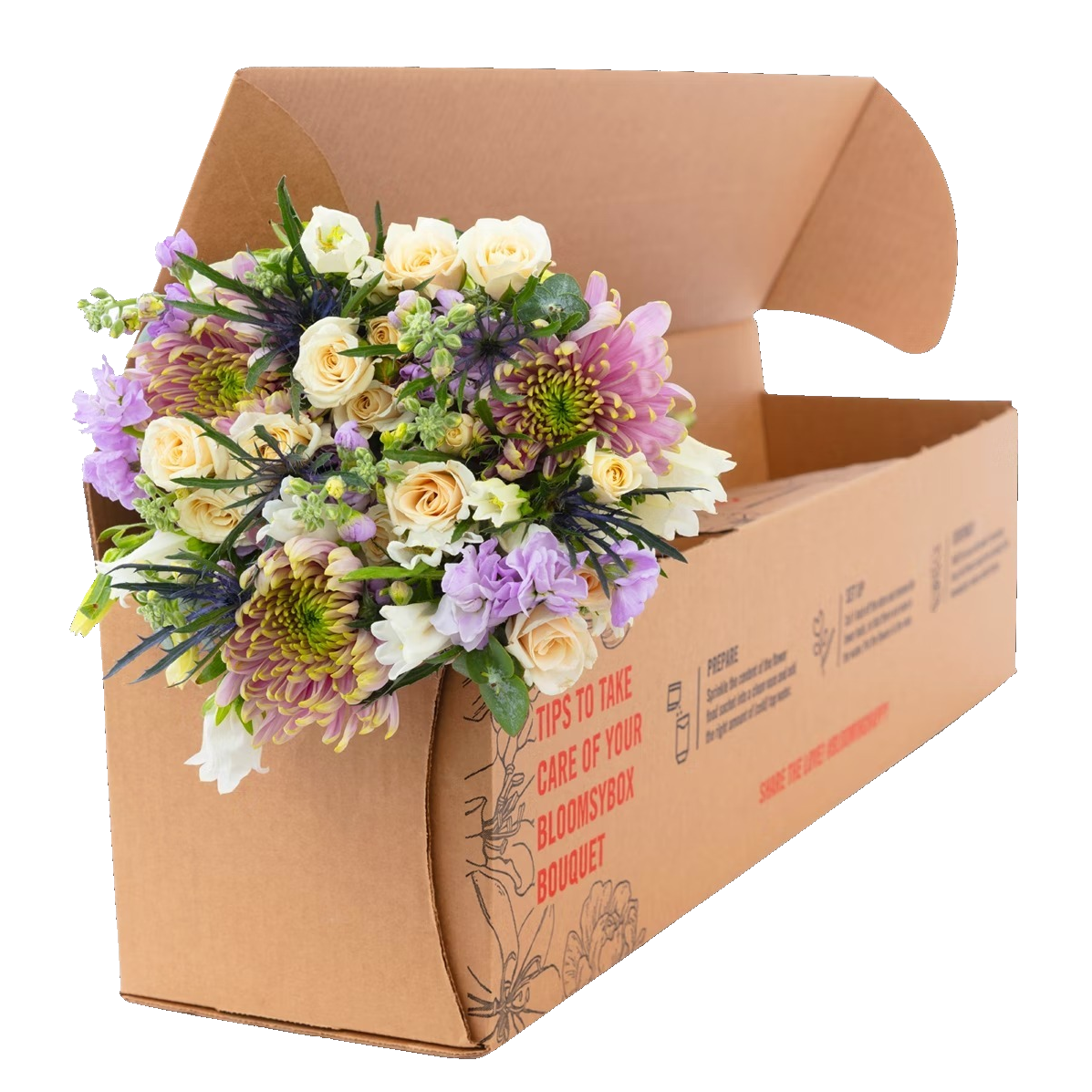 BloomsyBox lila und weißer Blumenstrauß im Karton auf weißem Hintergrund