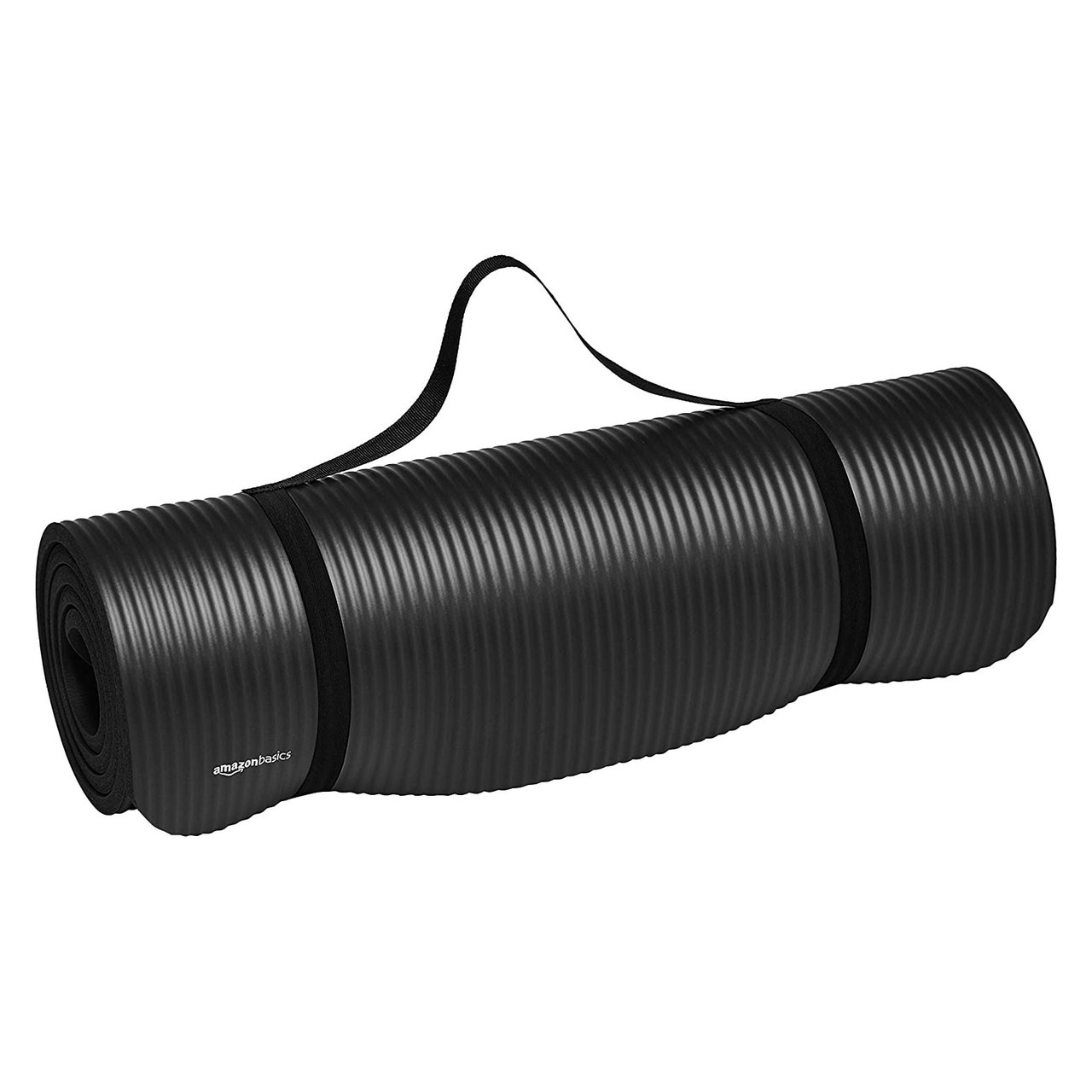 Amazon Basics Extra dicke Übungs-Yogamatte, aufgerollt, schwarze Yogamatte auf weißem Hintergrund