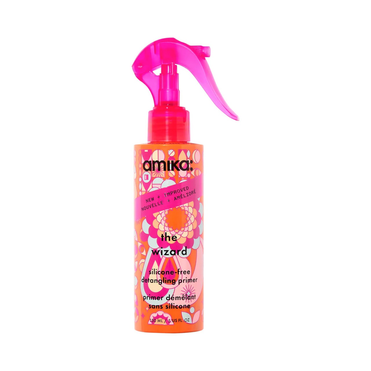 Amika The Wizard Detangling Hair Primer rosa und orangefarbene Flasche mit grafischem Blumendruck und rosa Sprühkappe auf weißem Hintergrund