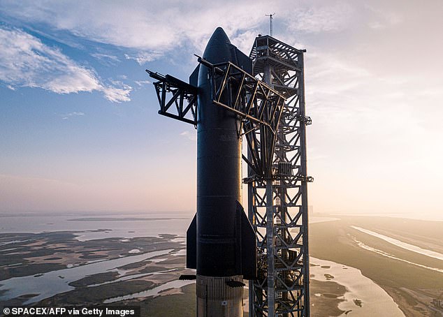 Excitement: The rocket ship that could one day power humans to Mars is set to make its maiden orbital flight today. Elon Musk's Starship is pictured on the launchpad here
