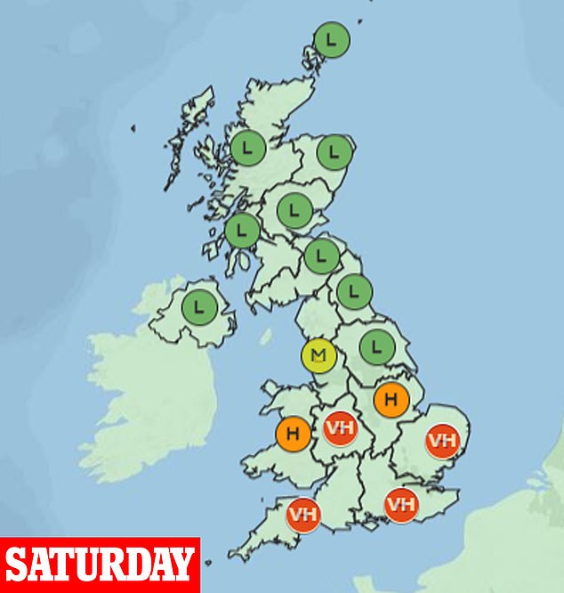 The regions hit by Saturday's 'very high' alert include the East of England, London and the South East, the South West and the West Midlands