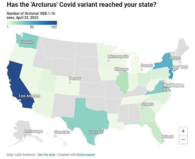 Die obige Karte zeigt die Anzahl der gemeldeten Arcturus-Fälle nach Bundesstaat.  Kalifornien, New Jersey und New York sind die Hotspots der Krankheit