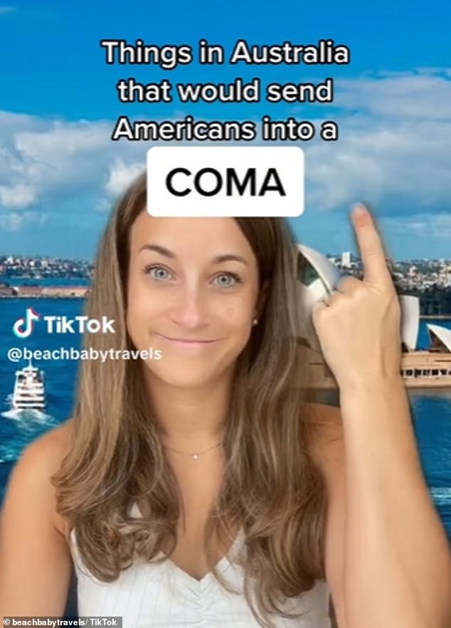 Der sprudelnde Videobeitrag, der mit einem Hintergrund im Hafen von Sydney präsentiert wurde, trug den Titel: „Dinge in Australien, die Amerikaner ins Koma schicken würden“ (im Bild).