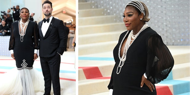 Serena Williams trägt ein schwarzes Kleid mit Perlen, um die Schwangerschaft mit Ehemann Alexis Ohanian bei der Met Gala anzukündigen