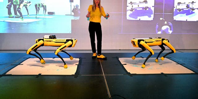 Agnieszka Pilat demonstriert in Melbourne Roboter von Boston Dynamics, die mithilfe von KI-Technologie malen.