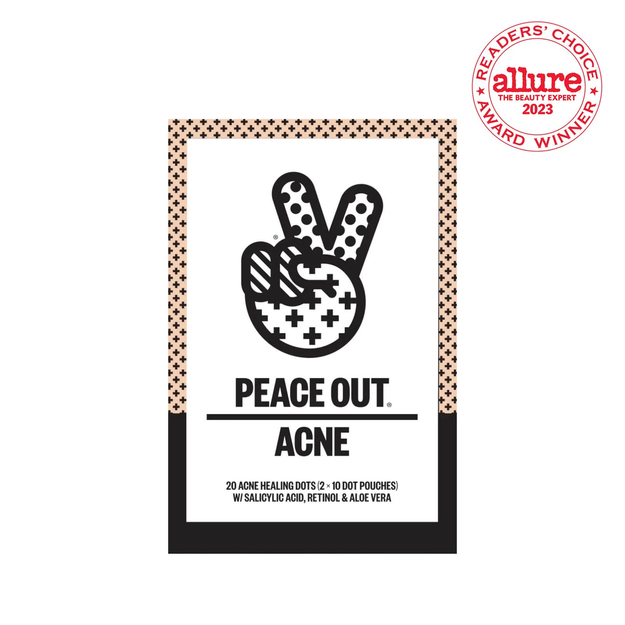 Peace Out Acne Healing Dots-Box mit Peace-Zeichen-Illustration darauf auf weißem Hintergrund mit weißem und rotem RCA-Siegel in der oberen rechten Ecke