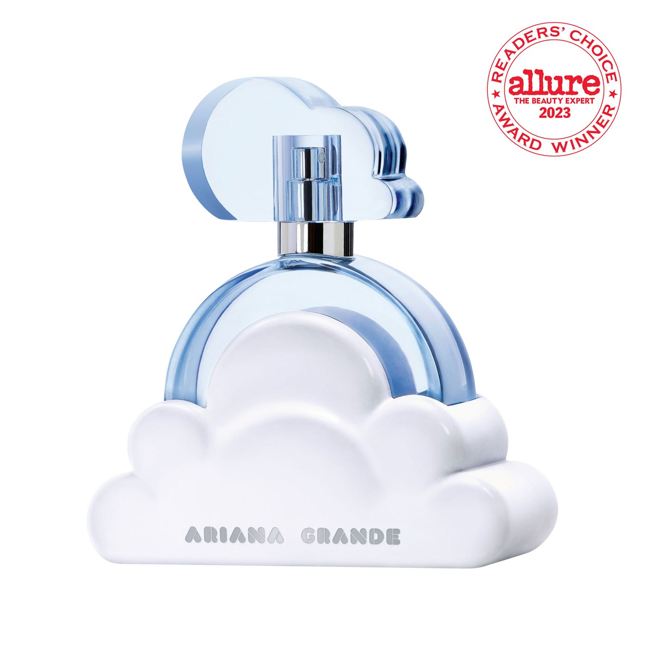 Ariana Grande Cloud Eau de Parfum hellblaue, wolkenförmige Parfümflasche auf weißem Hintergrund mit RCA-Siegel in der oberen rechten Ecke