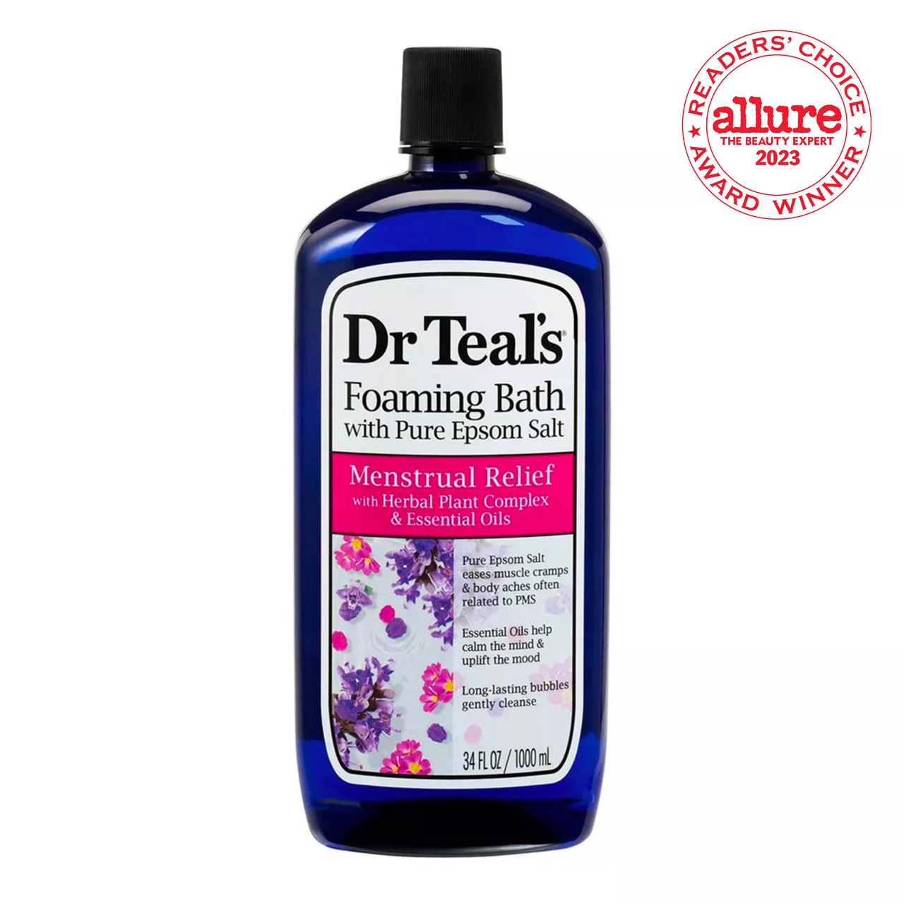 Dr Teal's Foaming Bath Menstrual Relief with Herbal Plant Complex and Essential Oils Dunkelblaue Flasche mit weißem Etikett auf weißem Hintergrund mit RCA-Siegel in der oberen rechten Ecke
