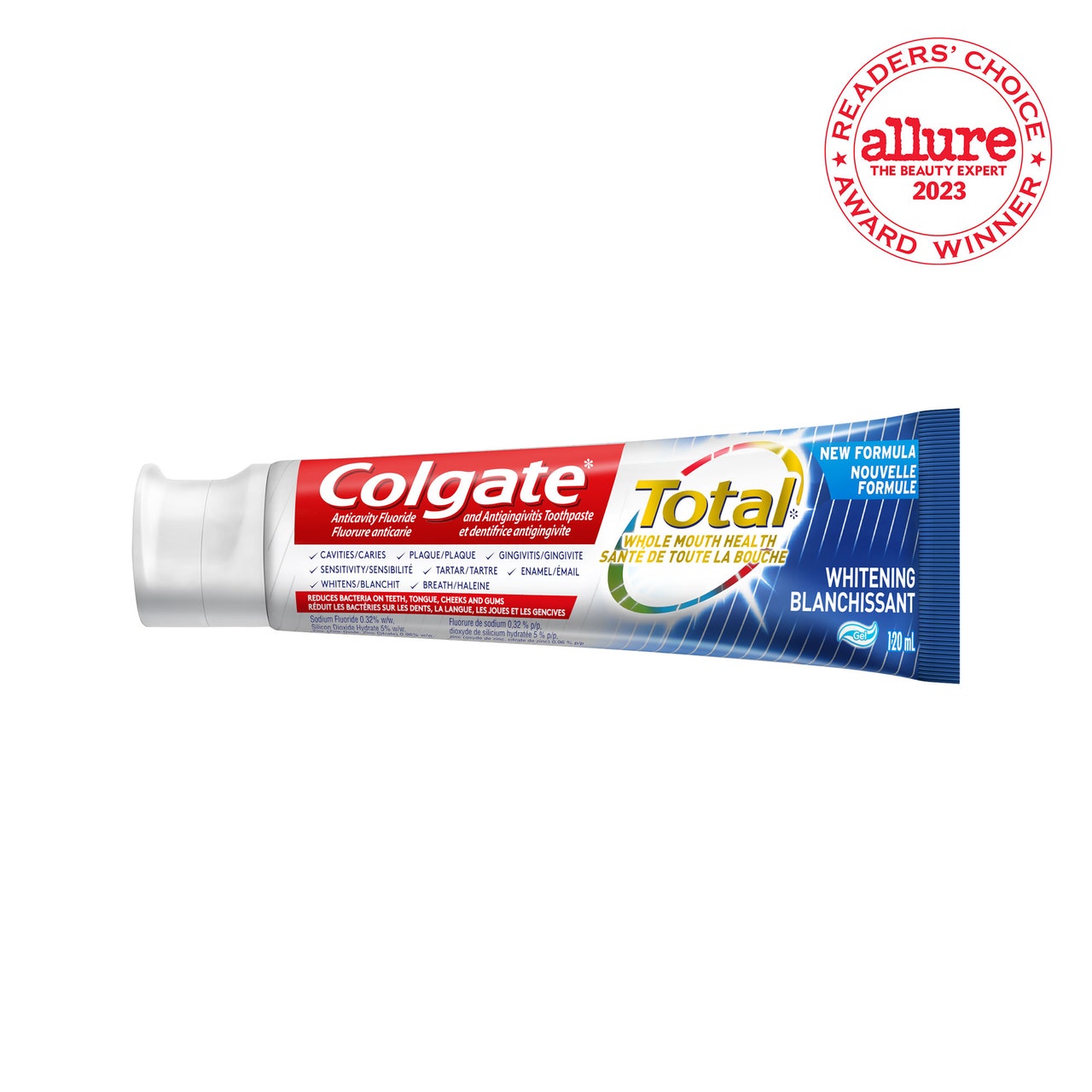 Colgate Total SF Advanced Whitening Toothpaste Tube Zahnpasta auf weißem Hintergrund mit RCA-Siegel in der oberen rechten Ecke