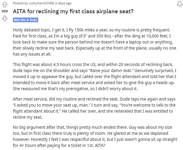 Erst letzten Monat wurde ein Reisender auf Reddit viral, nachdem er bekannt gab, dass er von einem anderen Passagier kritisiert wurde, weil er seinen Sitz zurückgelehnt hatte