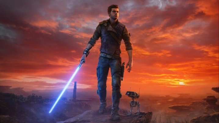 Cal schwingt sein blaues Lichtschwert und geht mit BD-1 in Star Wars Jedi: Survivor Key Art.